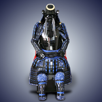 Tachibana Dōsetsu Black and Blue Samurai Armor Tosei Gusoku Style Circle Maedate Black Kozane and Blue Cords